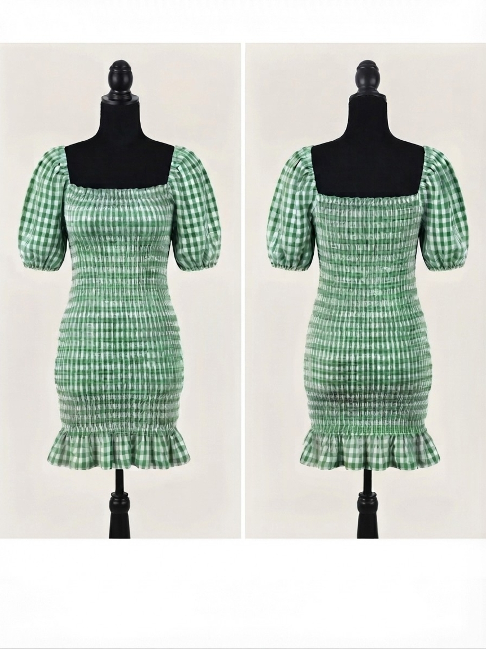 BB Dakota by Steve Madden Green Gingham Smocked Puff-Sleeve Mini Dress